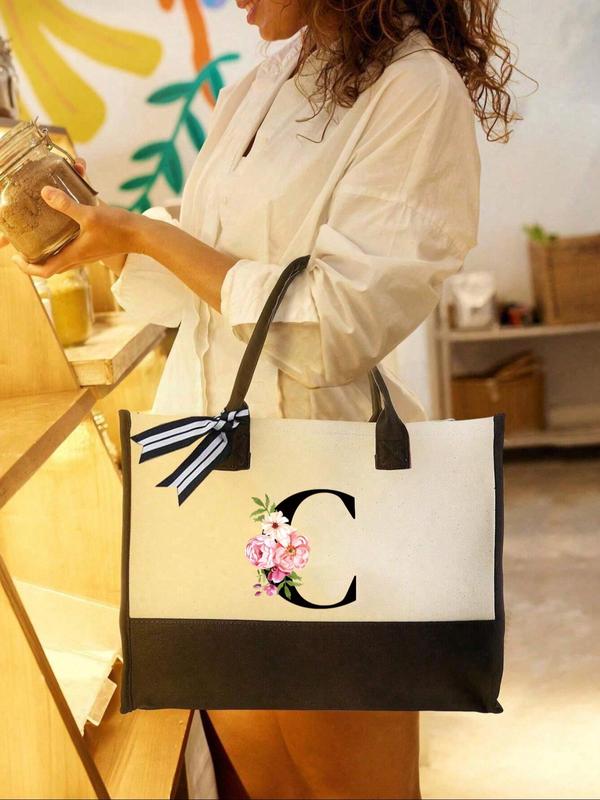Letter Pattern Tote Bag, Large Capacity Canvas Shopping Bag for Women, Casual Trendy Versatile High-quality Daily Commuting Bag, Girl Fashionable Shopping Bag 3