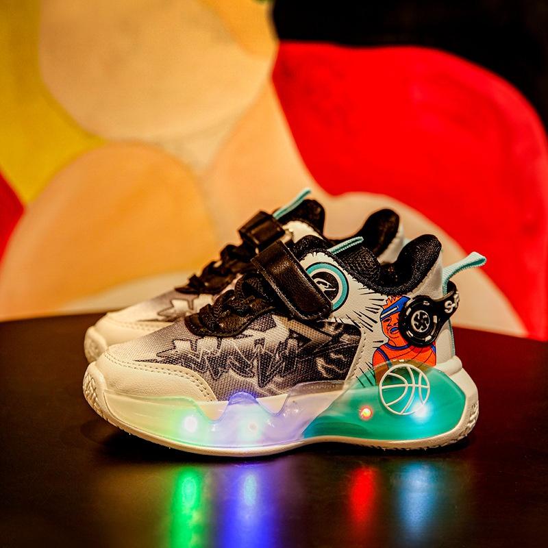 Product Introduction of Boys Running Shoes Spring and Autumn New LED Light Breathable Mesh Basketball Sneaker Luminous Leisure Light Shoes 3