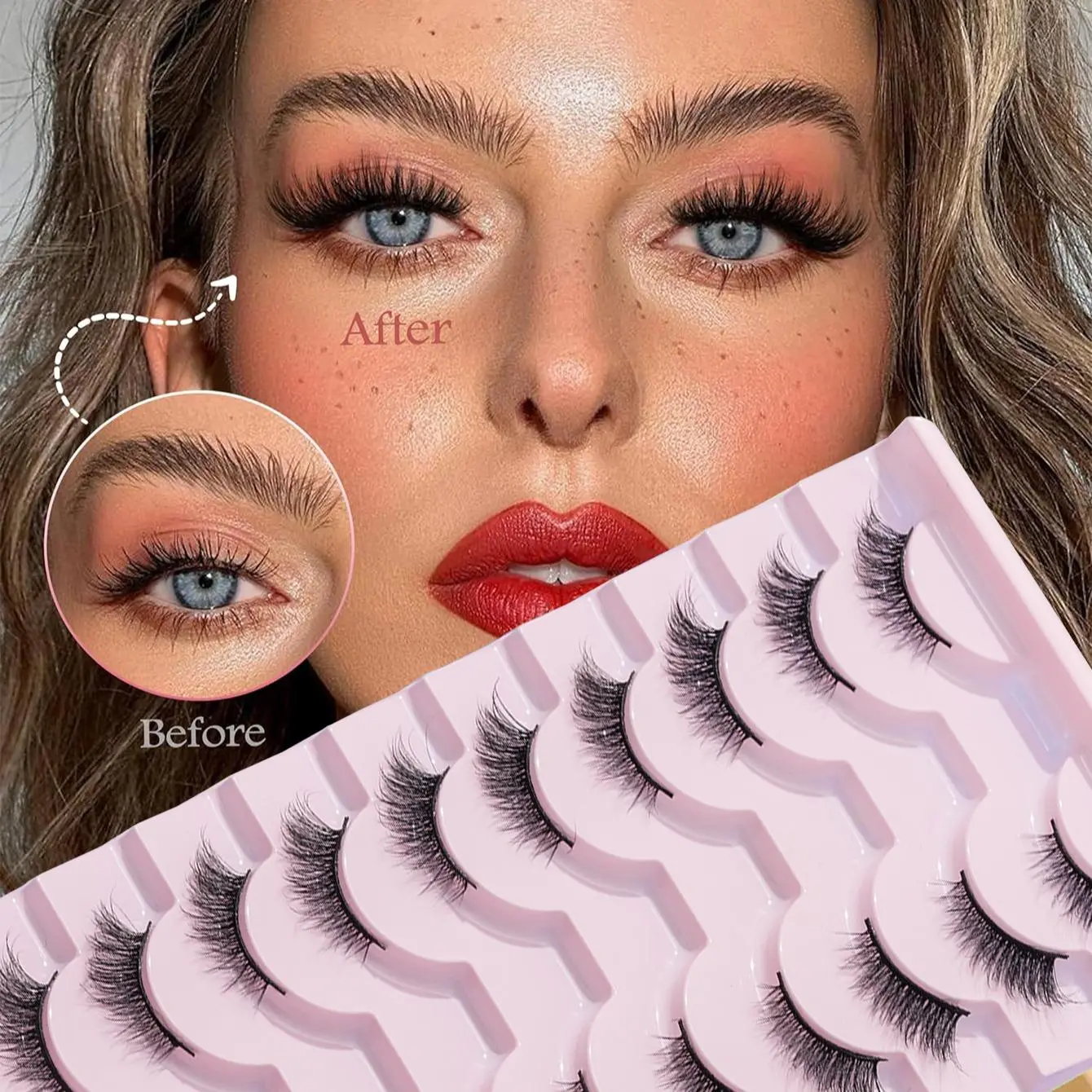 Eye False Eyelashes Set, 10 Pairs Natural Look Fluffy Curly Thick Faux Eyelashes, Portable Makeup Tool for Women