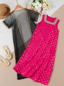Girl's Hot Stamping Square Neck Tank Dress & Contrast Binding Tulle Outerwear Set, Boho Dress & Sheer Outerwear, Kids Summer Clothes for Vacation Holiday