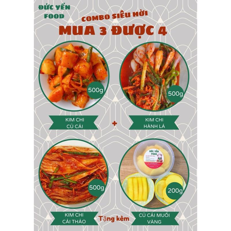 Combo mua 3 được 4: bao gồm 500g kim chi cải thảo 500g kim chi củ cải 500g kim chi hành lá + 200g củ cải muối vàng