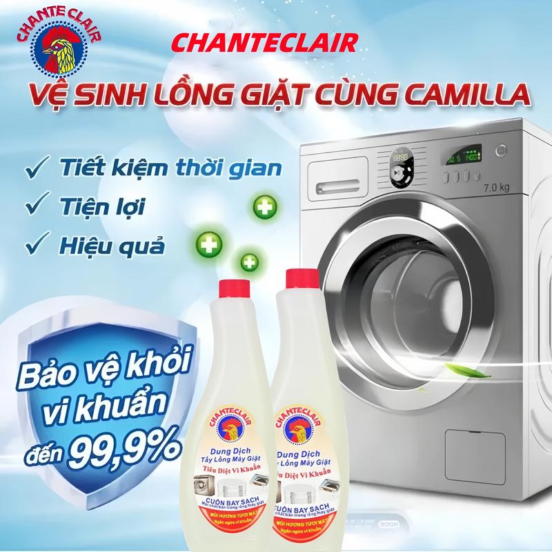 Dung dịch tẩy cặn máy giặt Chanteclair, kháng khuẩn, diệt khuẩn chuyên dụng cho máy giặt lồng đứng và lồng ngang, dung dịch làm sạch sâu và khử trùng