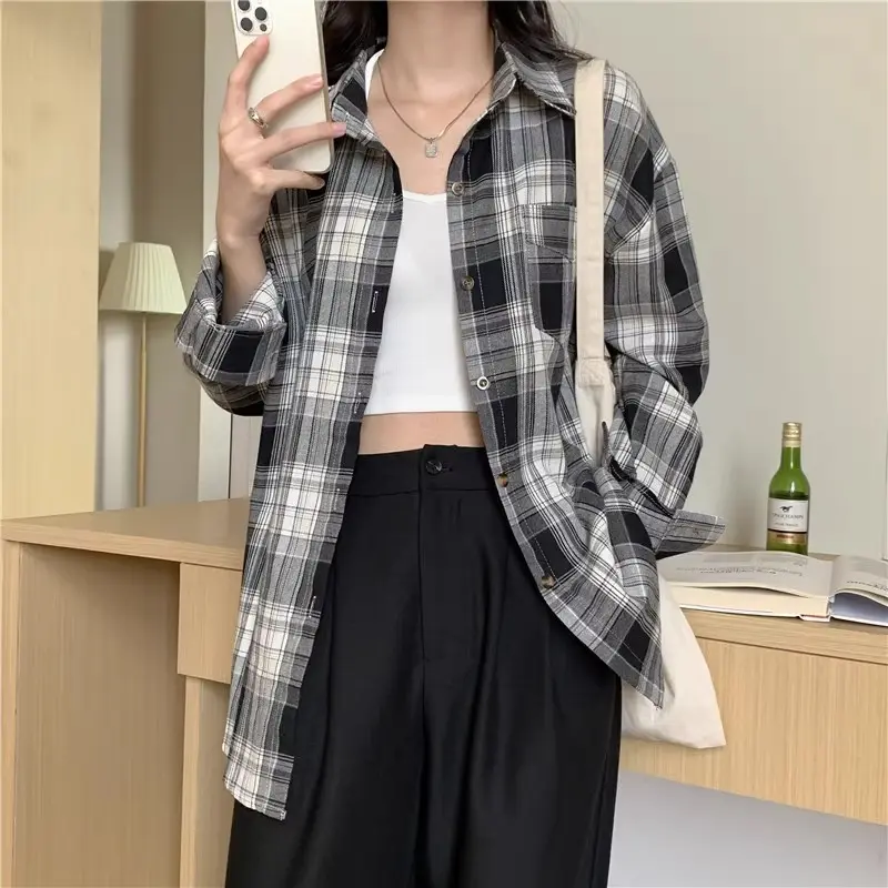 Kemeja Kotak-kotak Biru / Kemeja Wanita Lengan Panjang korean style Atasan Linen Casual Oversize 7