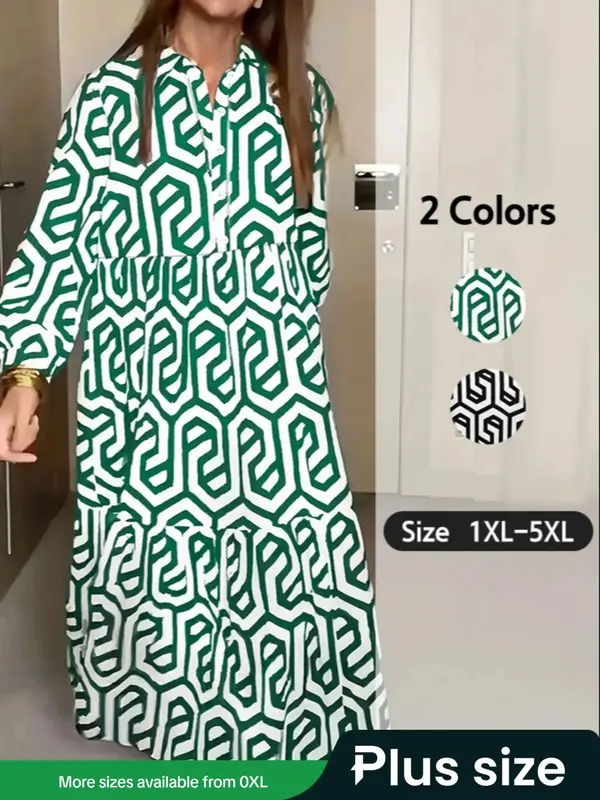 Plus Geometric Print Long Sleeve Button Front Midi Dress, Casual All Over Print Collared Button Loose Dress For Spring & Fall, Fashion Women's Dress For Daily Wear 0