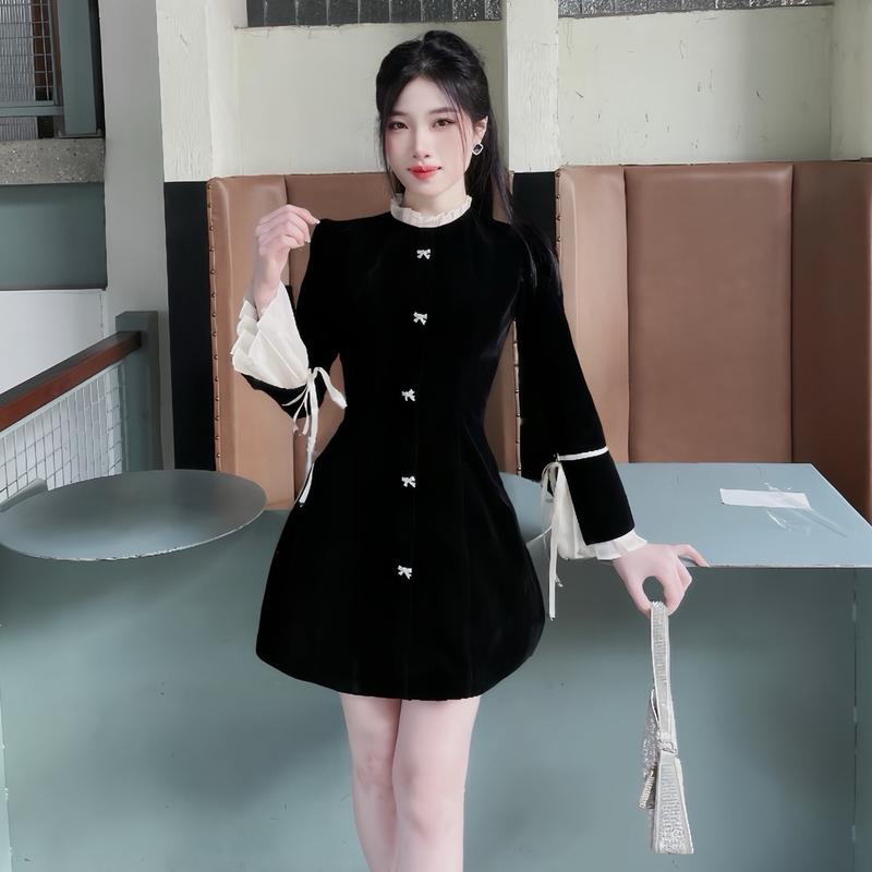 KangStudio - M081 Váy thiết kế váy liền dáng A chất nhung phối bèo kèm tag nơ đá sang chảnh