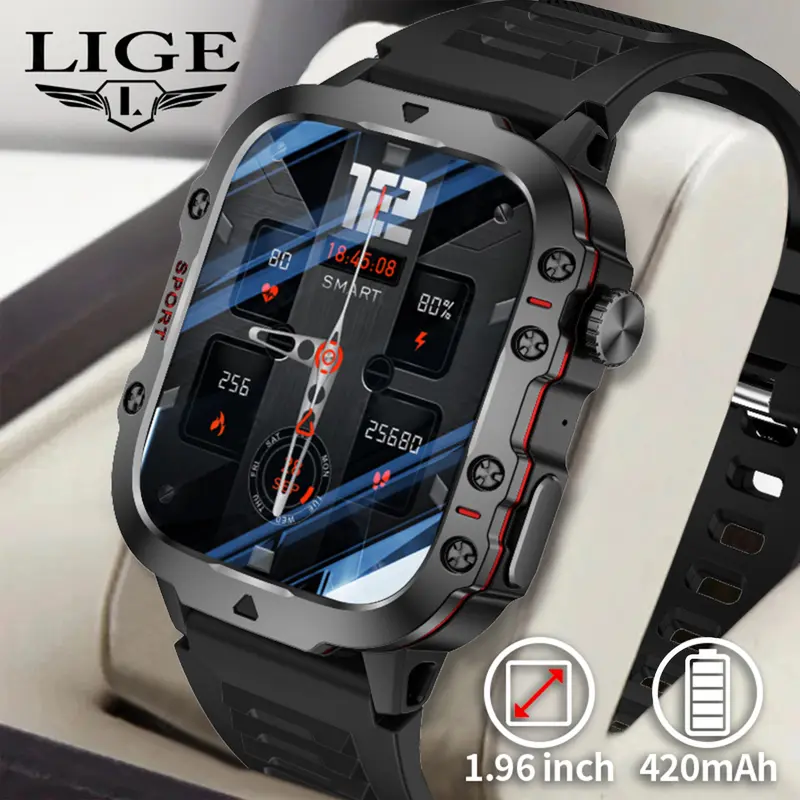 LIGE Jam Tangan Pintar Olahraga Asli Baru Inci HD Layar Persegi  Panggilan Bluetooth Denyut krem