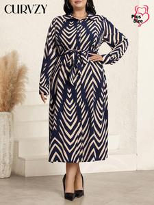 CURVZY Plus Size All Over Print Button Front Belted Shirt Dress, Elegant Long Sleeve Collared A Line Dress for Daily Outdoor Wear, Women's Clothes for All Seasons