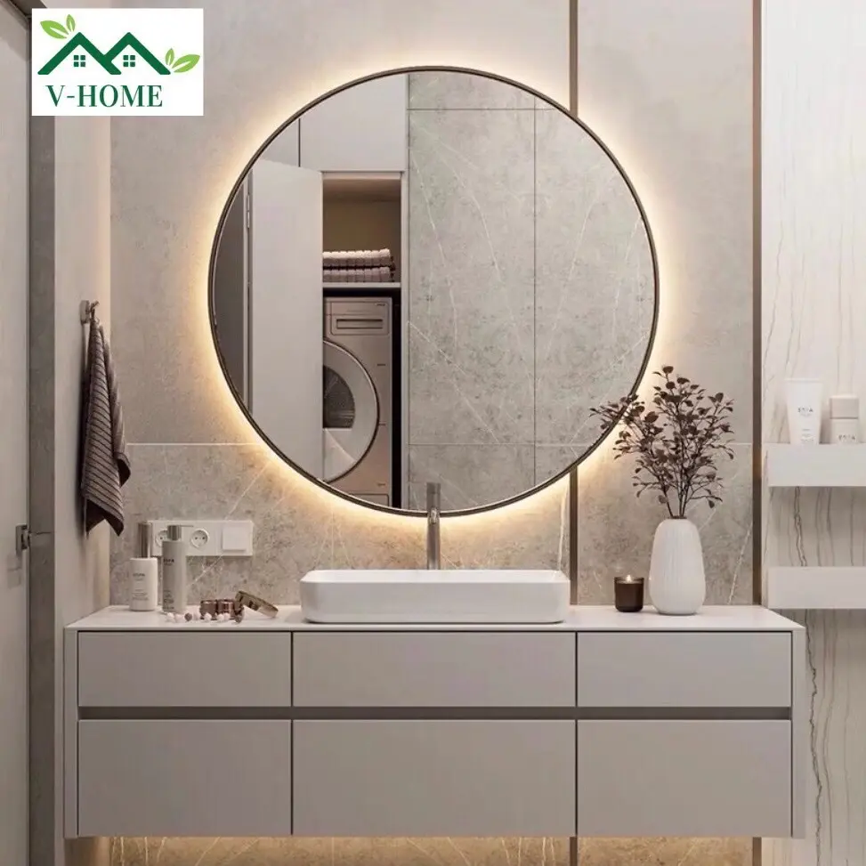 Gương tròn led 3 Màu Hắt khung hợp kim Nhôm 60cm Decor Decor Phòng