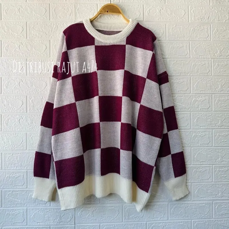 Anjani sweater rajut motif kotak atasan wanita korea lengan panjang Knitwear Fit Tangan 3