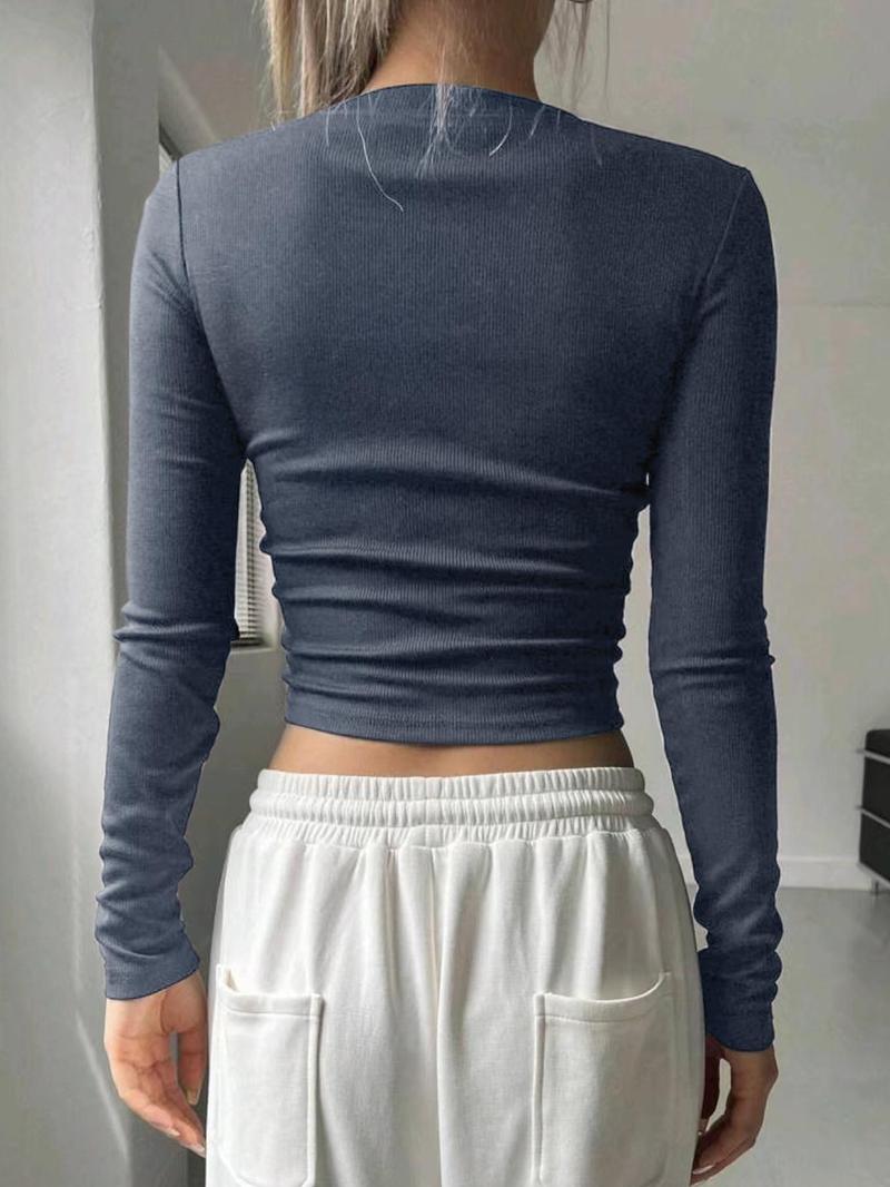 Product Introduction of Women's Star Print Round Neck Ribbed Tee, Casual Long Sleeve Crew Neck T-Shirt for Spring & Fall, Fashion Women's Top for Daily Wear 10