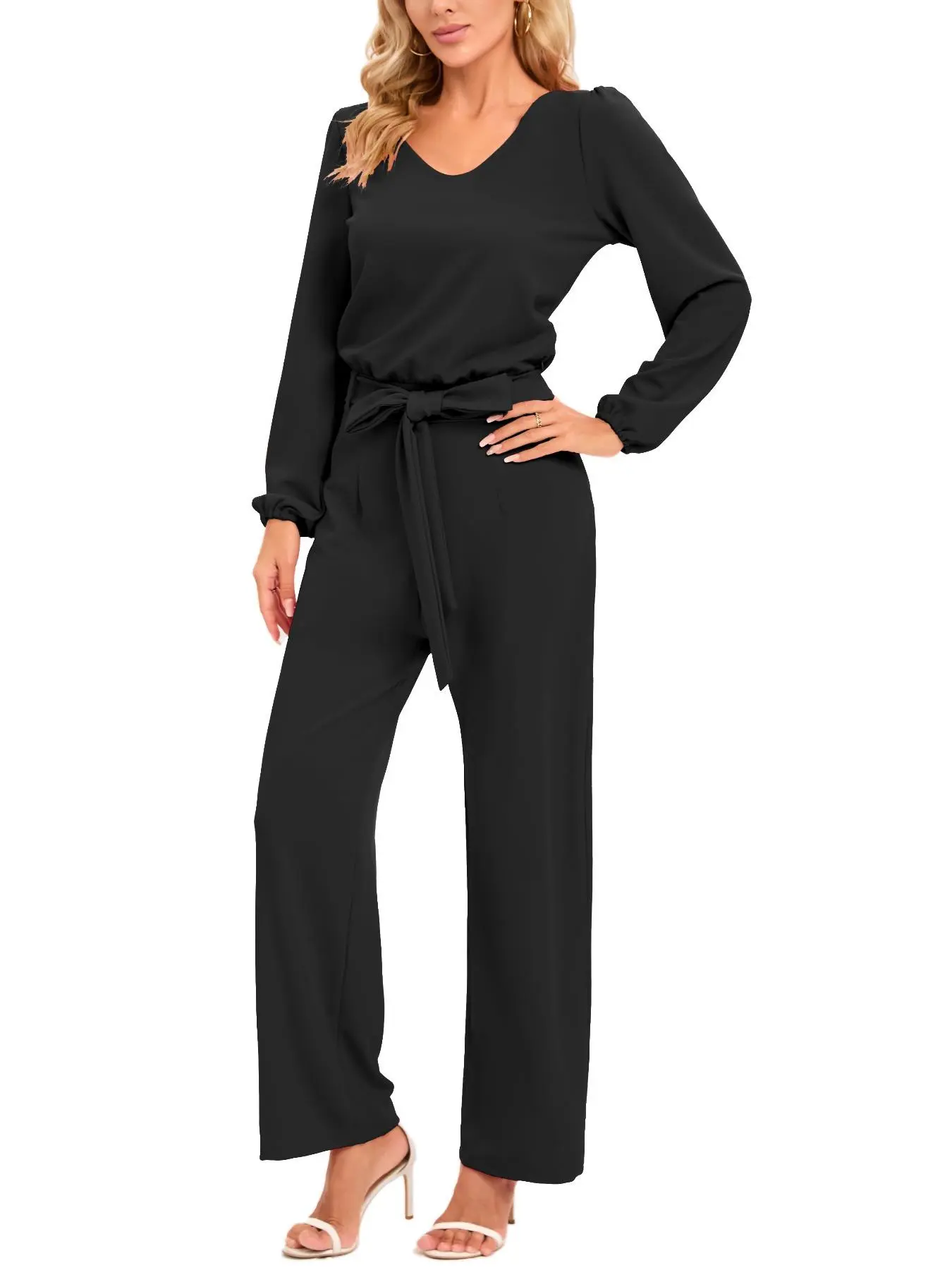 Women's Solid Color V Neck Jumpsuit, Casual Comfy Wide Leg Jumpsuit for Spring & Fall, Women's Jumpsuit for Daily Wear