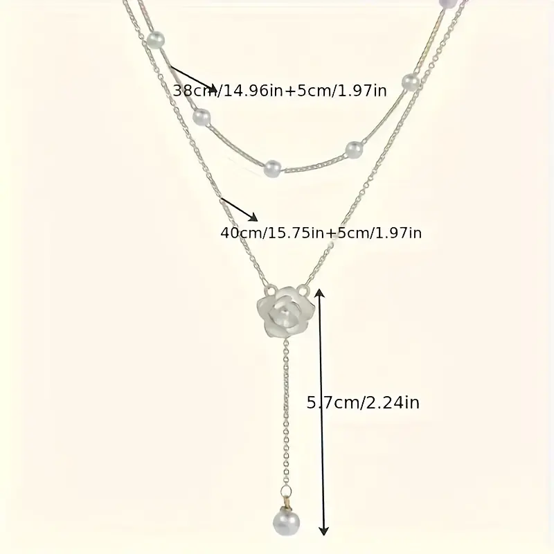 French Retro Elegant Design Camellia Fake Pearl Pendant - Classic Double Layer Necklace for Women'S Clavicle Chain Autumn/ Winter Fashion 3