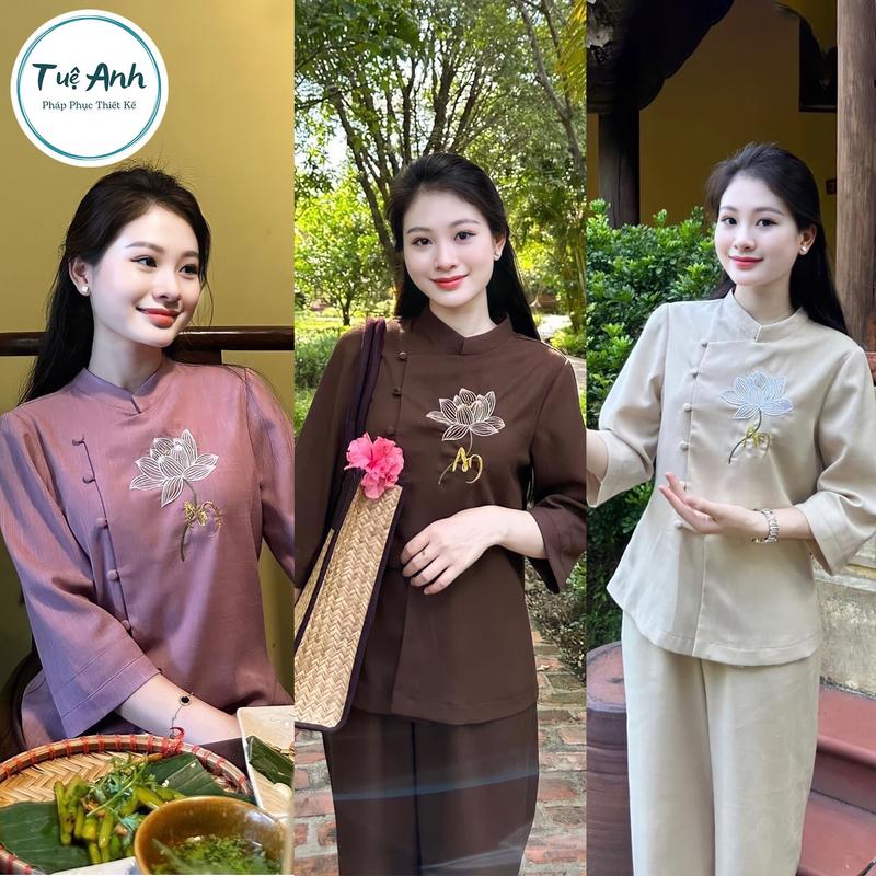 Bộ Pháp Phục đồ lam đi chùa đũi tằm cao cấp thêu chữ An và hoa sen cổ tàu - Pháp Phục Tuệ Anh Nữ Áo