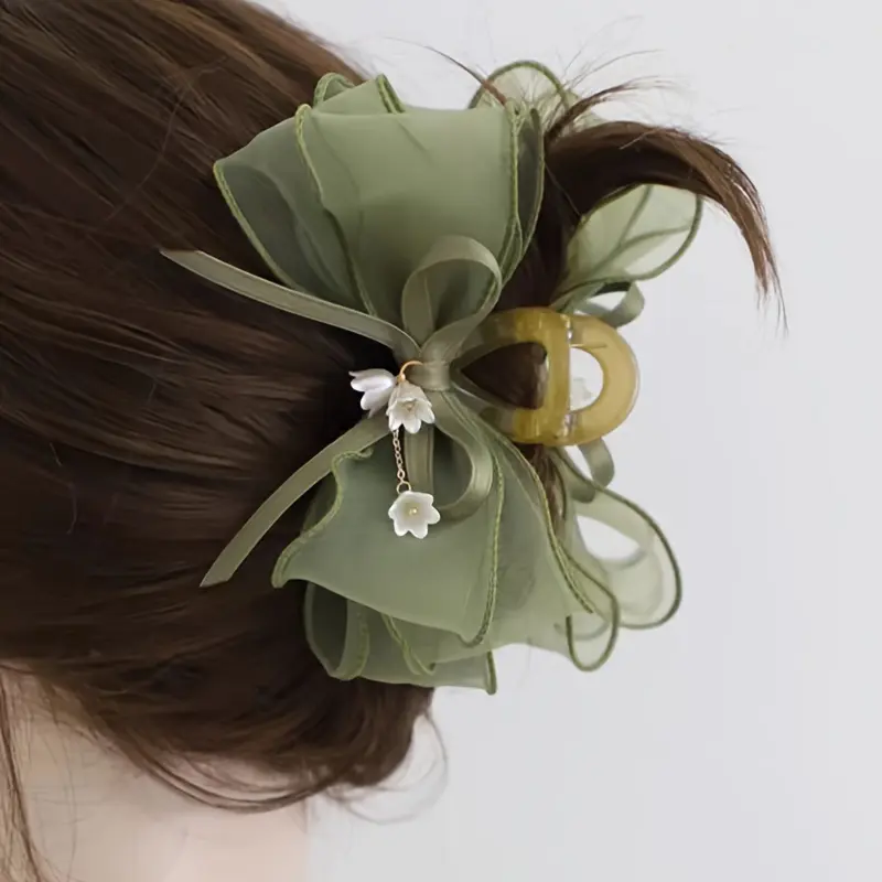 1pc Elegant Green Lily of the Valley Bow Hairpin with White Flowers & Ribbons - Sweet Fairy Style for Women and Girls, Perfect for Anniversaries, Hand Wash Only, Anniversary Gift | Fairy Style Accessory | Charming Ornament 0