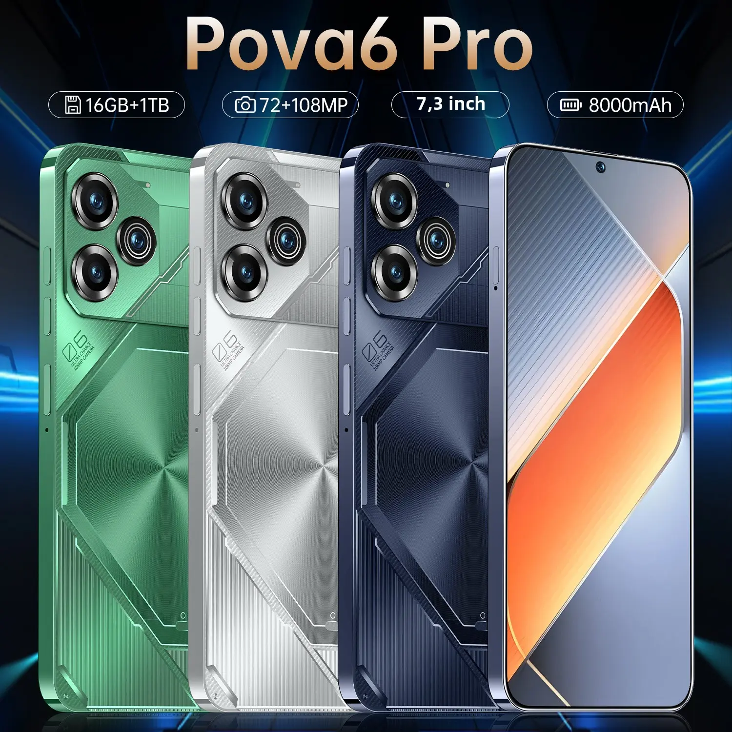 Điện thoại thông minh POVA6 Pro, Bán Chạy, Màn hình lớn được đục lỗ thực, Hệ điều hành Android 2 + 16G, Xuất khẩu, Hàng mới về