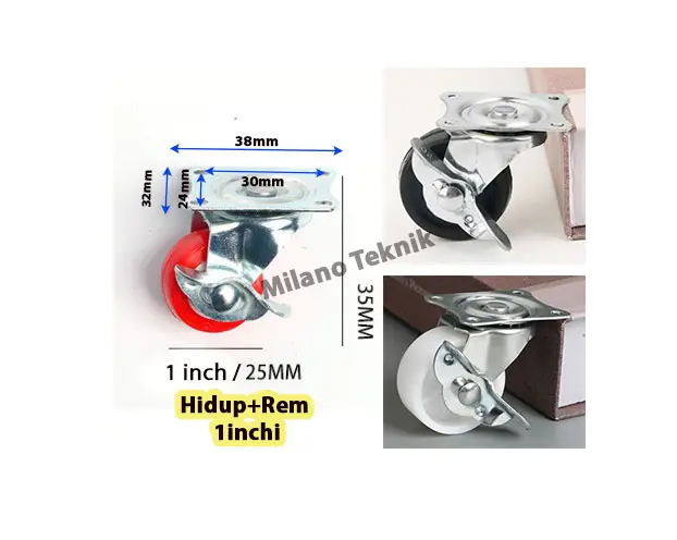Roda PVC 1 inch (Mati-Hidup-Rem) KASTOR Taiwan Roda Troli Nylon Furniture Etalase/pcs 3