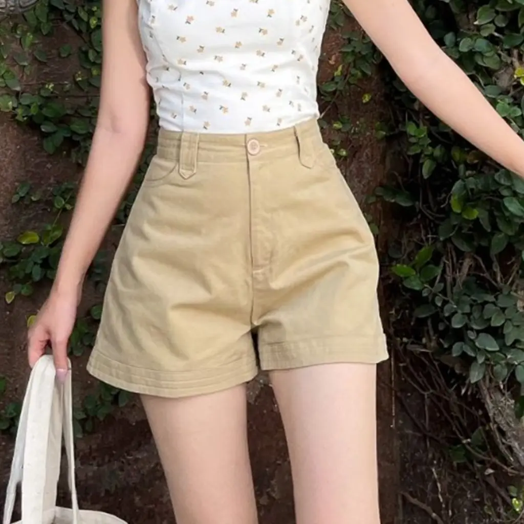 Quần Short Nữ Kaki trơn bigsize Cạp Cao Lưng Thun Co Giãn 4 Chiều Chất Vải Dày Dặn Tôn Dáng Women Pants Kem