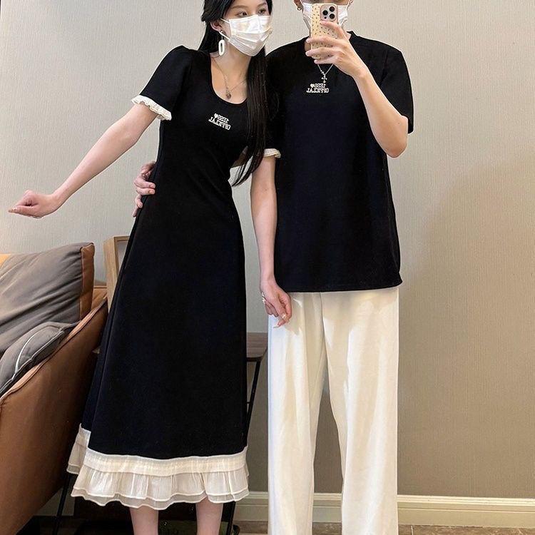 Trang Phục Cặp Đôi, Phong Cách Trung Quốc Mới, Phong Cách Dân Tộc, Trang Phục Mùa Hè, ngắn Tay Áo, Sườn Xám Đen, Cổ Áo Vuông, Phong Cách Cổ Điển Bộ Hai Mảnh Váy 5