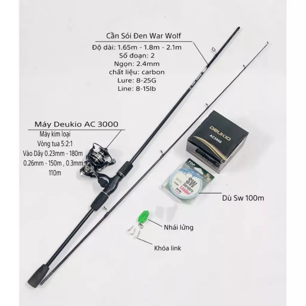 Combo cần lure máy đứng Sói Đen Deukio AC kèm phụ kiện giá rẻ Bắt Cá Đi Câu Fishing Câu Cá