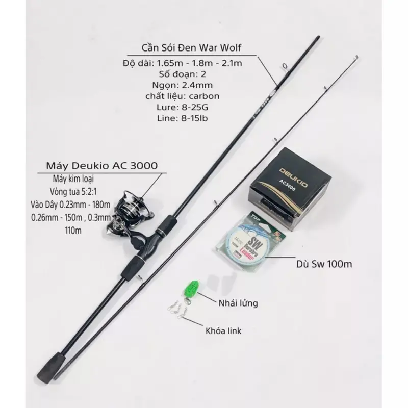 Combo cần lure máy đứng Sói Đen Deukio AC kèm phụ kiện giá rẻ Bắt Cá Đi Câu Fishing Câu Cá 0