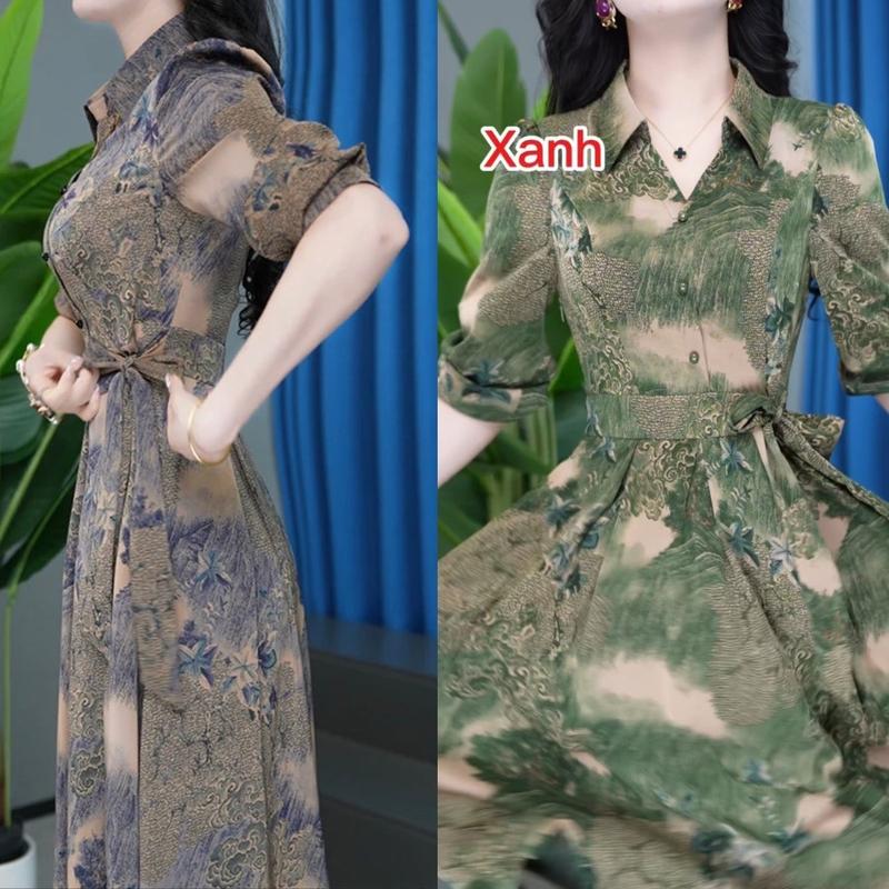 Đầm trung niên cho mẹ cổ SƠ MI sang trọng công sở chất vải Lụa Pháp PH02
