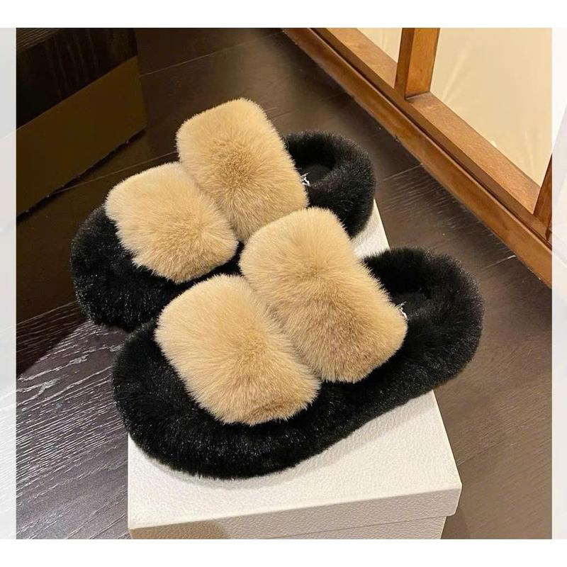 dép lông nữ 2 quai đế mềm cao 4cm hàng sẵn xinh xắn cho mùa đông dễ phối đồ [ lông phối màu ] 2