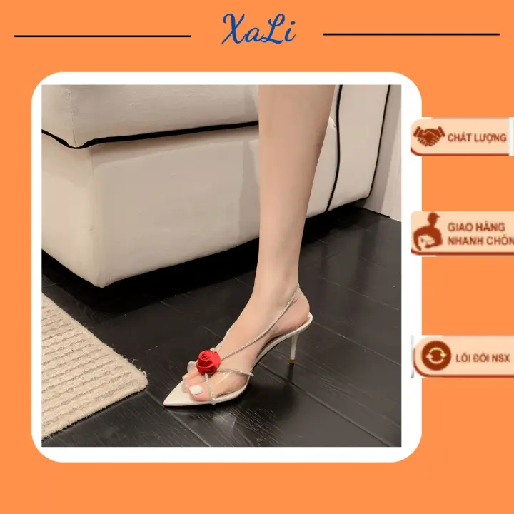 Giày Cao Gót Mũi Nhọn XALI Màu Trắng Đen Đính Đá Hở Gót Đính Hoa Hồng Màu Đỏ Cao 7cm- CGMNHH Nữ DéP Shoes Tim Đồng dép quai trong giay  caogotdinhda