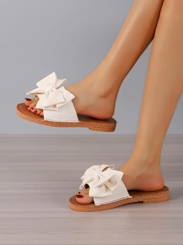 Women's Cute Bowknot Design Slip-on Sandals, Flat Shoes Sandals, Leather Sandals, Soft Non-slip Brown Slide Sandals for Summer 2025, Fashion Round Toe Flat Sandals for Daily Wear, Comfort Shoe, Ladies Sandal 5