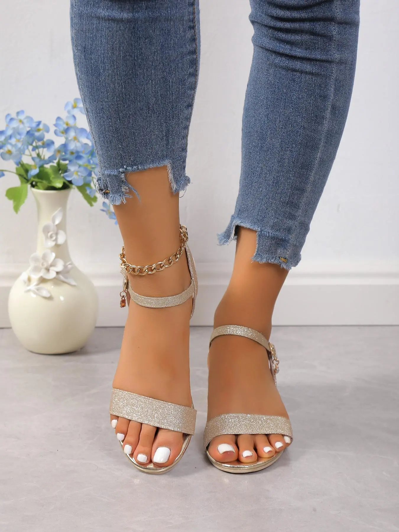 Fashionable Glittering High Heel Sandals, Stylish Square Toe Sandals for Women, Trendy All-match & Exquisite Sandals for Daily Wear, Shoe