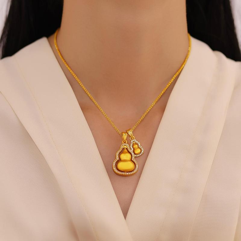 Product Introduction of Gold-Plated Double Gourd Pendant Necklace - Chinese Lucky 'Fu Lu' Collarbone Chain 2