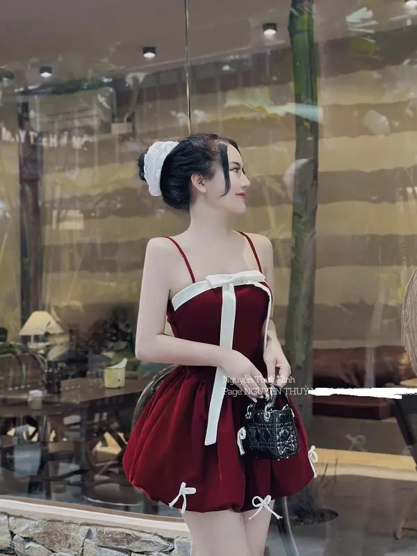 Đầm đỏ Noel, Tết - Đầm dây nhung bồng bí phồng đính nơ nhỏ xinh có sẵn lót quần 3