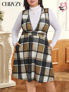 CURVZY Plus Size Plaid Print Pocket Deep V Neck Dress, Casual Sleeveless A Line Dress for Spring & Fall, Women's Clothes for Daily Wear