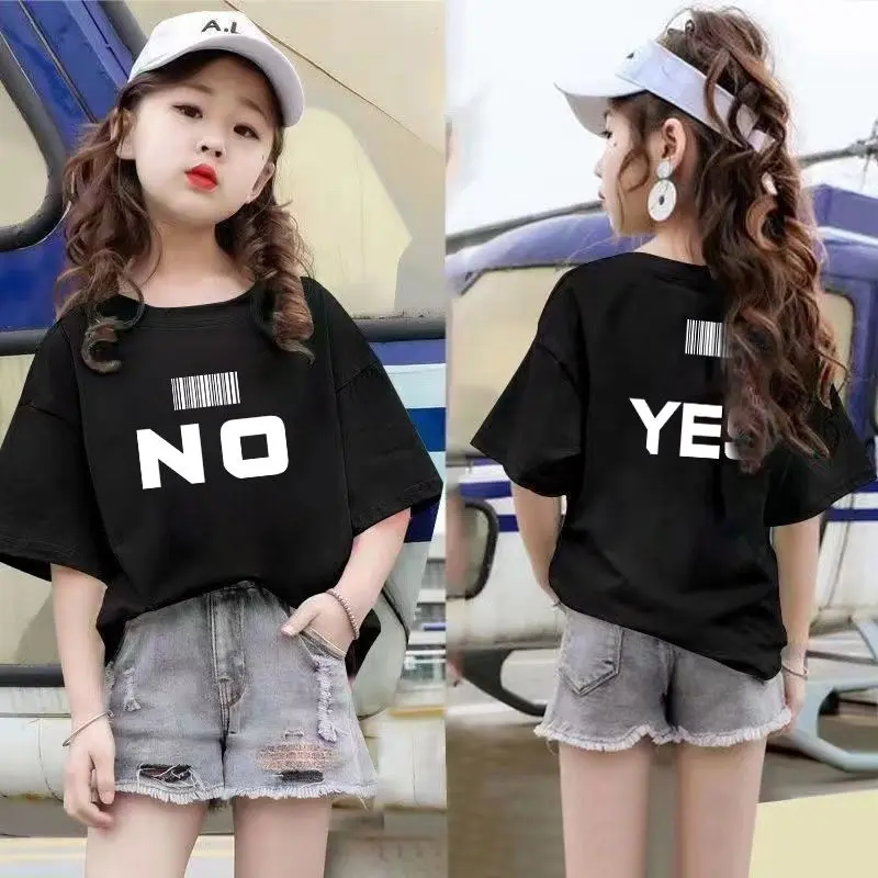 Áo Thun Cotton Ngắn Tay, Cho Bé Gái, Dành Cho Trẻ Em, Dáng Rộng Vừa Vặn, Áo Cổ Tròn, Trang Phục Mùa Hè Dễ Phối Đồ Phong Cách Ins, Thích Hợp Cho Trẻ Em