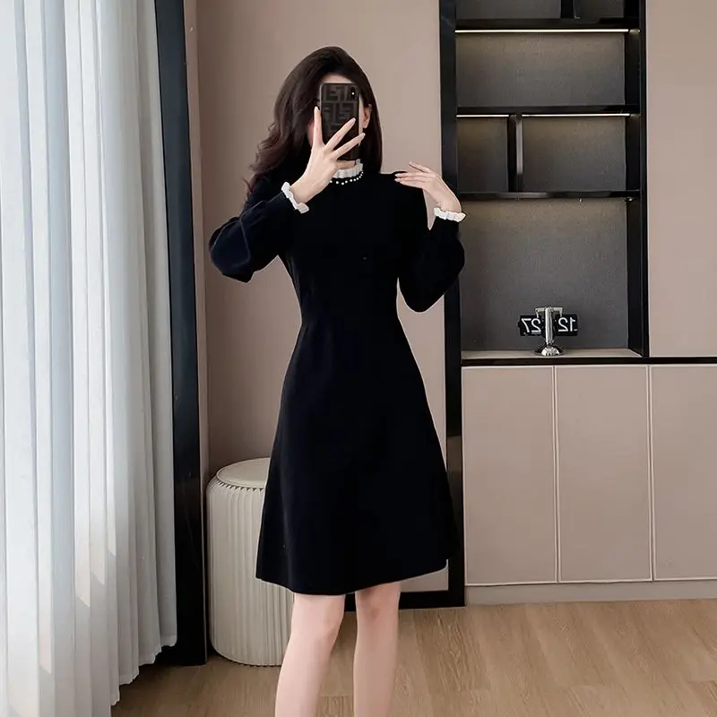 Váy Dệt Kim, Phong Cách Hepburn, Váy Đen Nhỏ Dành Cho Nữ, Thích Hợp Cho Mùa Thu Và Mùa Đông, Váy Len Mặc Trong Cao Cấp, Váy Len Mặc Trong Mỏng Women Dress Khuy Cổ Tròn 2