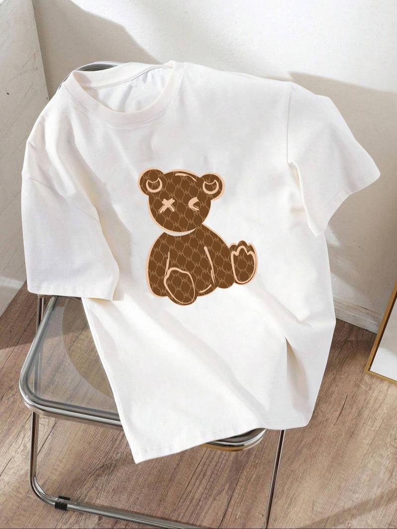 Product Introduction of Women's Cartoon Bear Print Round Neck Tee, Fashion Casual Short Sleeve T-shirt, Ladies Summer Clothes for Daily Wear 4