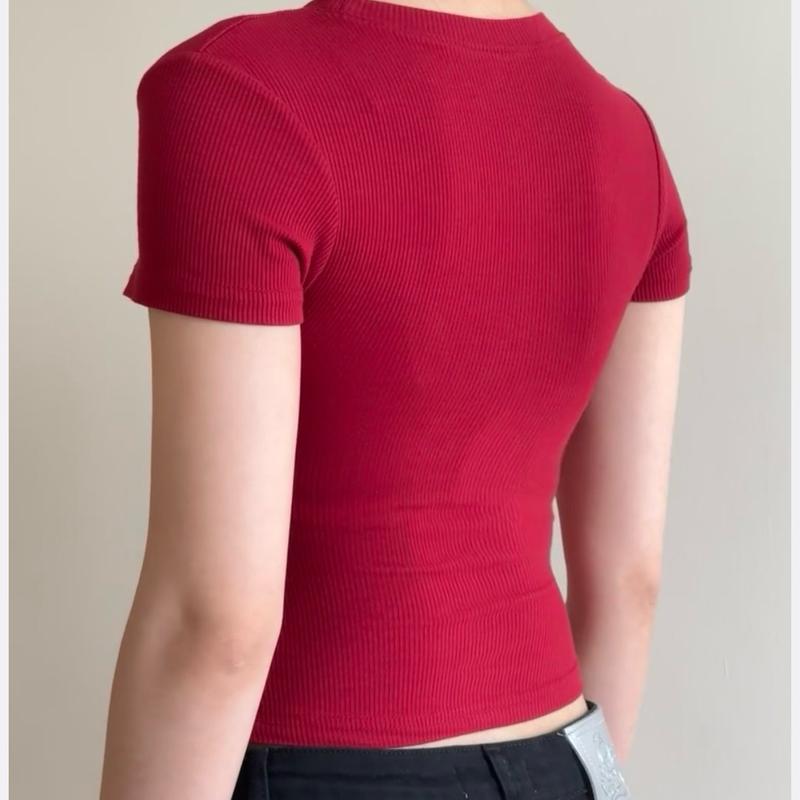 Áo thun tăm cổ tròn BASIC vải gân tăm chiết eo  Áo ôm body nhiều màu xinh aobody 3