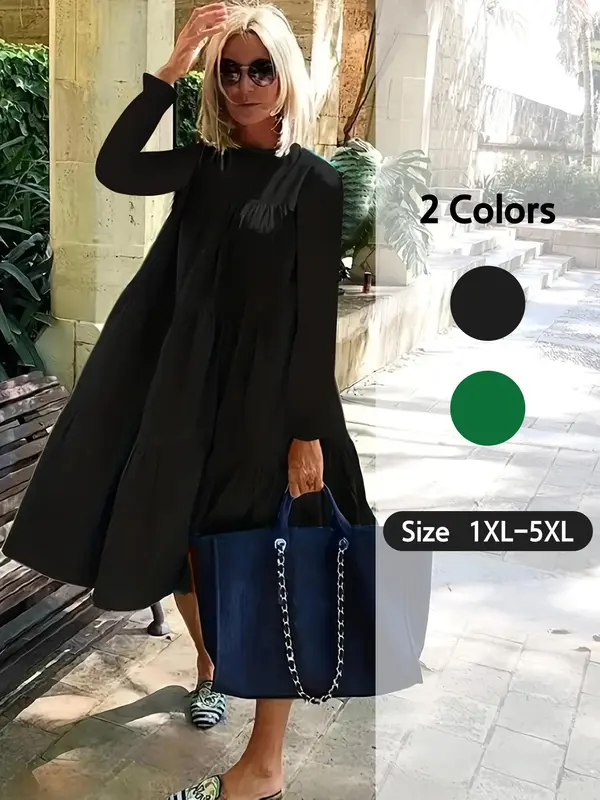Plus Size Solid Ruffle Hem Flounce Sleeve Smock Dress, Casual Long Sleeve Round Neck Dress for Spring & Fall, Women's Clothes for Daily Wear 0