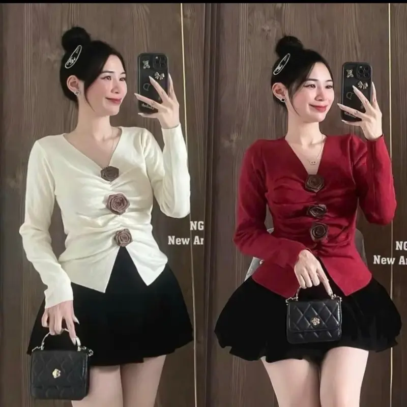 Áo váy bigsize nữ (có lẻ áo, váy) áo cổ V đính hoa tà nhọn vải mềm co giãn kèm vây bí bồng nhẹ thời trang Đậu bigsize  Women Top 0