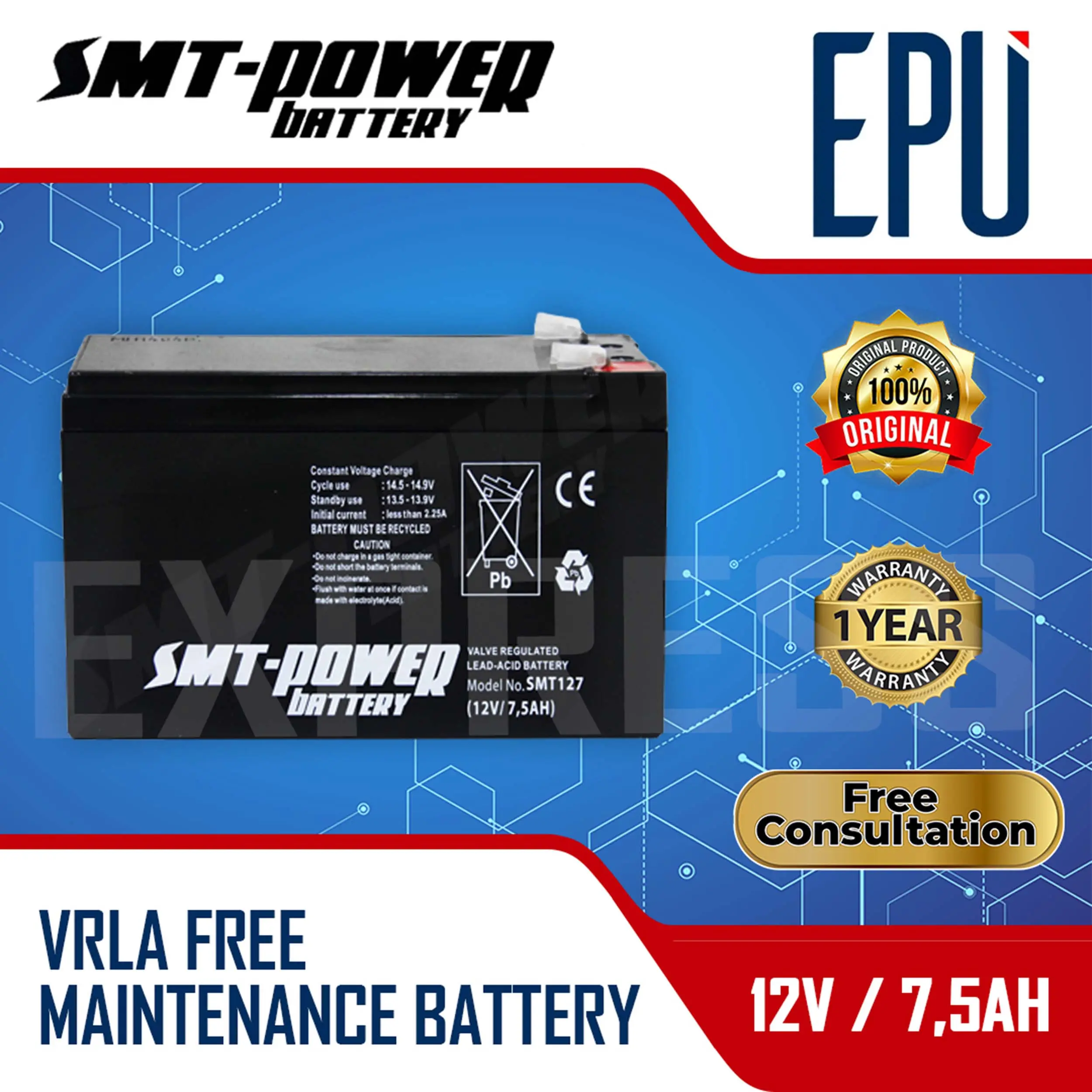 Aki UPS SMT Power 12V 7.5AH Baterai UPS Battery Aki Kering Batere VRLA