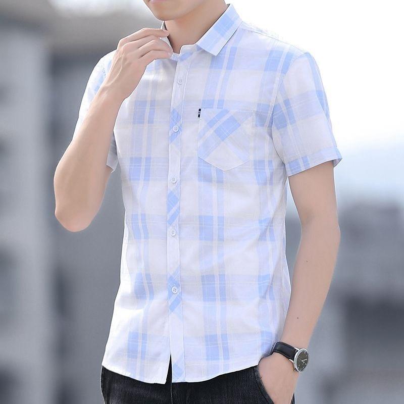 Áo sơ mi nam tay ngắn phối họa tiết kẻ sọc caro có túi màu xanh dương mẫu CR010 cực đẹp, sơ mi nam chất kate lụa cao cấp Hàn Quốc phong cách mới trẻ trung năng động Menswear Shirt Kem