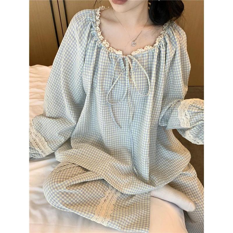 Bộ Đồ Ngủ, Phong Cách Hàn Quốc, Mùa Xuân Và Mùa Thu, Thiết Kế Dáng Rộng Rãi, Họa Tiết Lưới, Chi Tiết Ren Ngọt Ngào, Có Cà Vạt Ren. Bộ Áo Dài Tay Và Quần Dài, Tạo Cảm Giác Thoải Mái Và Phong Cách 5
