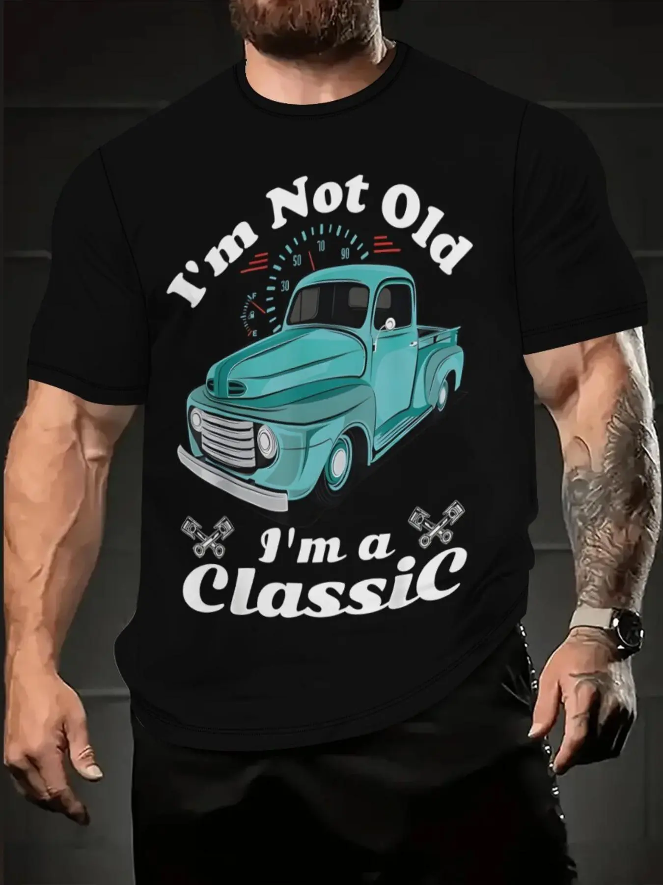 【Plus Size】 Car & Letter Print Round Neck Tee, Regular Fit Casual Short Sleeve Crew Neck T-shirt for Daily Wear, Men's Plus Size Clothing for All Seasons