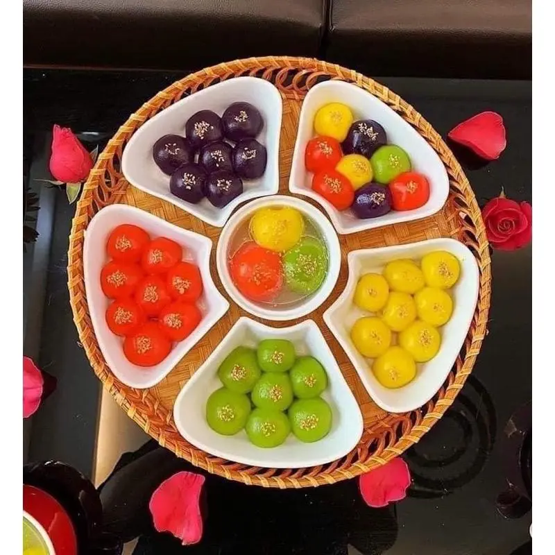 Bộ Bát Đĩa Sứ Hoa Mai Kèm Khay Mây, Bộ Khay Sứ Đựng Thức Ăn