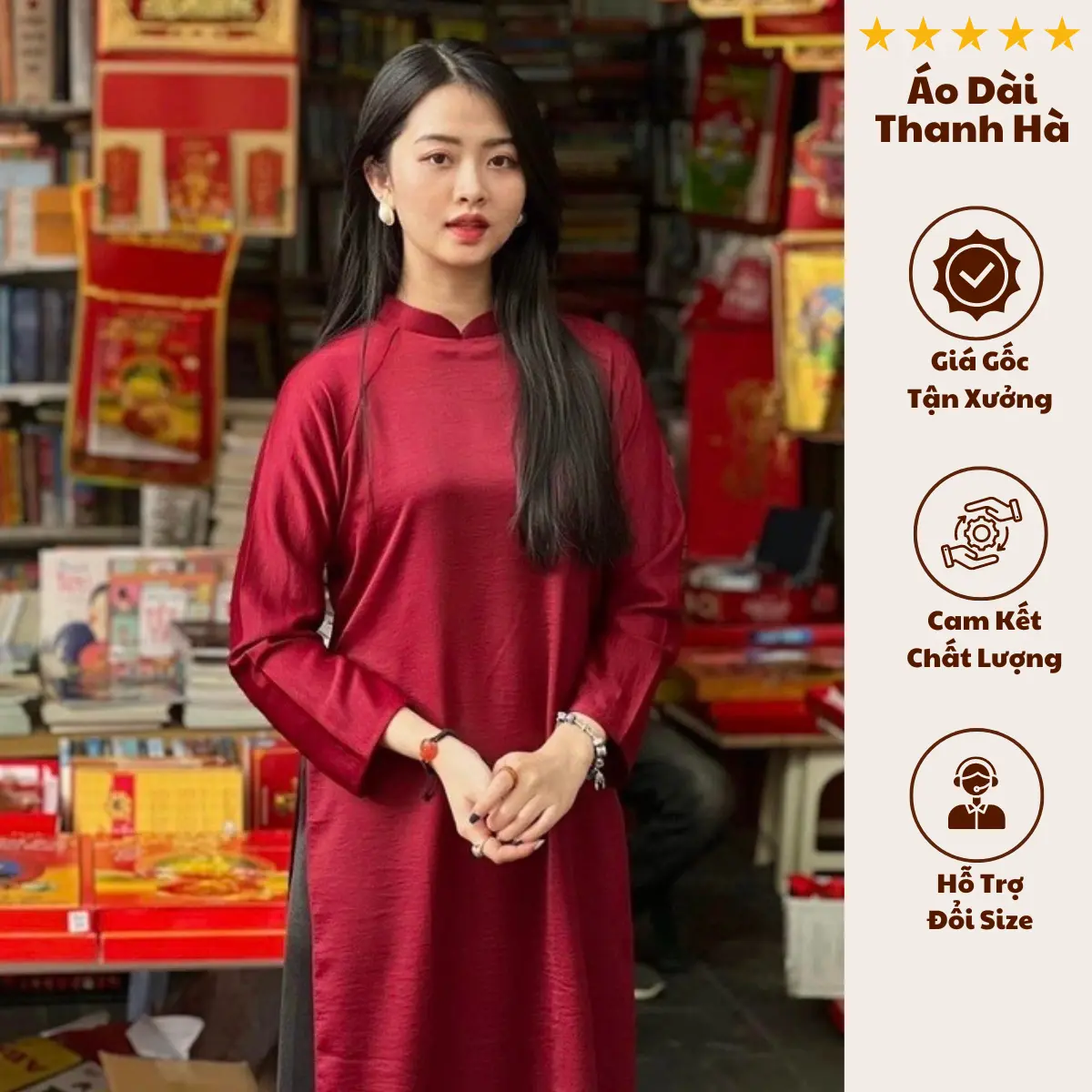 Áo Dài Dáng Xuông,Màu Đỏ Đô, Lụa Ngọc Trai Siêu Mềm aodai  truyenthong