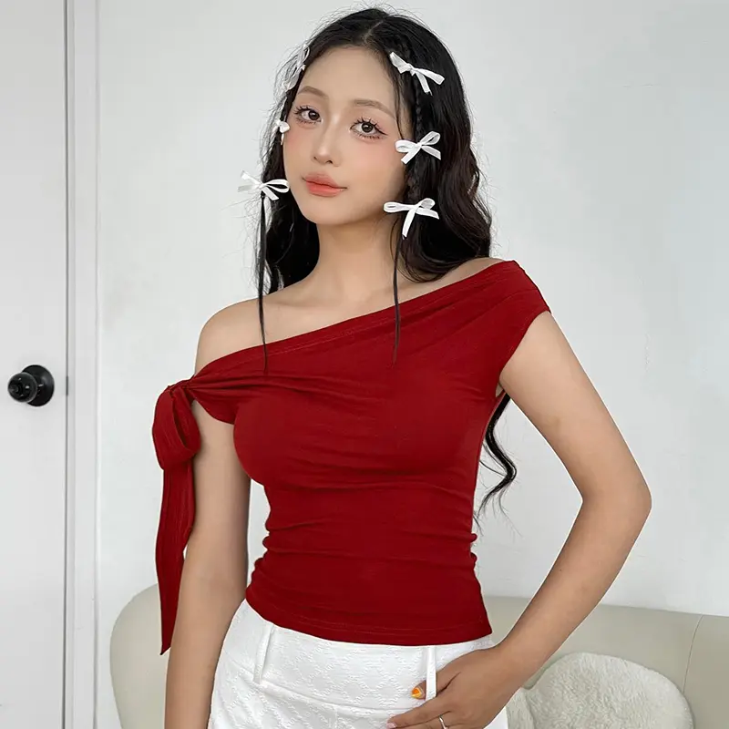 Women's One Shoulder TopsSolid Color Ruched Slash Neck Tie-Up Short Sleeve Crop T-Shirt for Summer