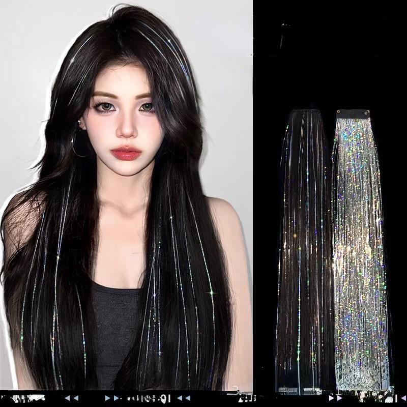 Tóc Giả Bằng Laser Hợp Xu hướng Và Ngầu Có Miếng Dán Tóc Giả Nhuộm Tai thả Mảnh Tóc Nối Liền Mạch Một Mảnh Phong Cách Nhóm Nhạc Màu Bạc Phụ Kiện Cài Tóc
