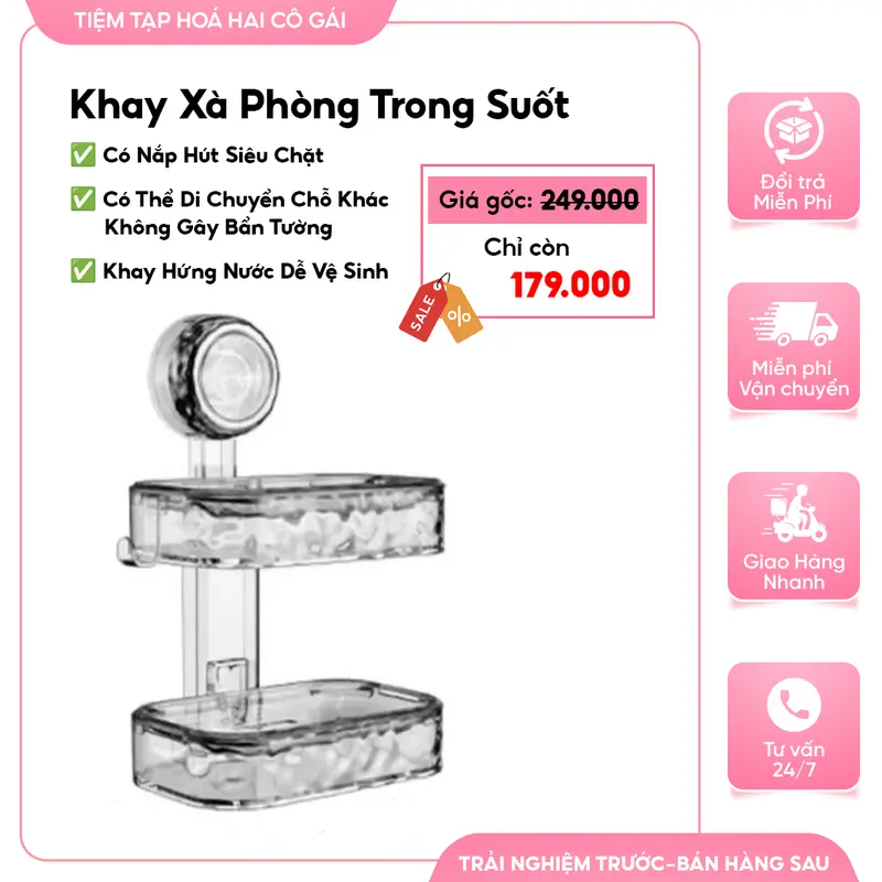 Khay Xà Phòng Trong Suốt 2 Tầng, Có Cốc Hút Chịu Lực Tốt, Khay Hứng Nước Tháo Lắp Vệ Sinh Dễ Dàng hộp đựng 0