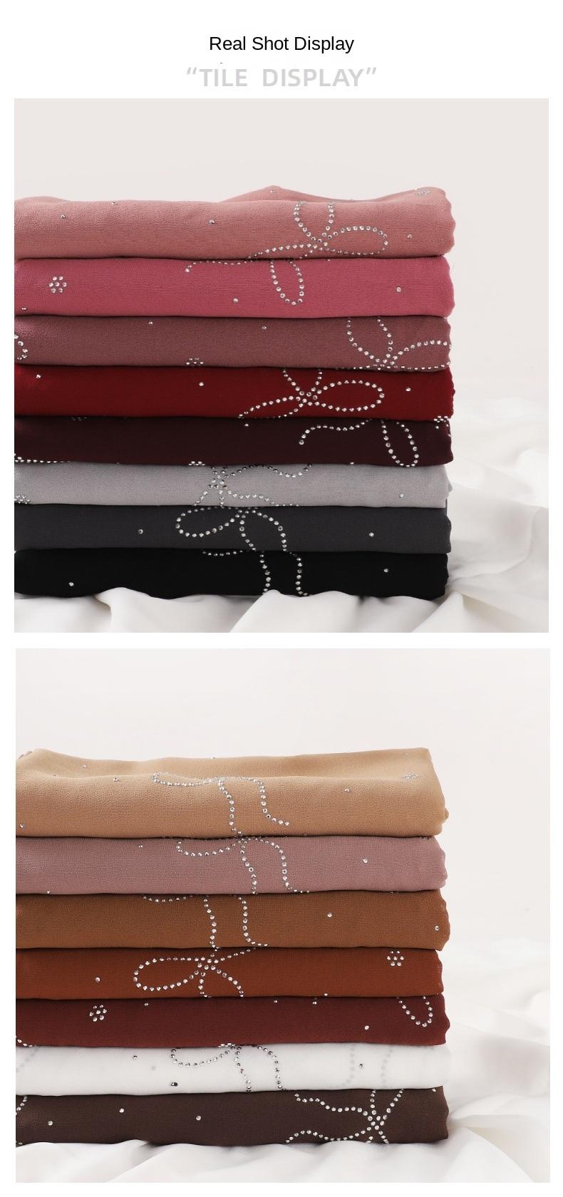 Product Introduction of High-End Heavy Craft Bowknot Rhinestone Solid Color Chiffon Long Scarf Full Rhinestone Shawl Headscarf Cape Scarf Silk Scarf for Women 3
