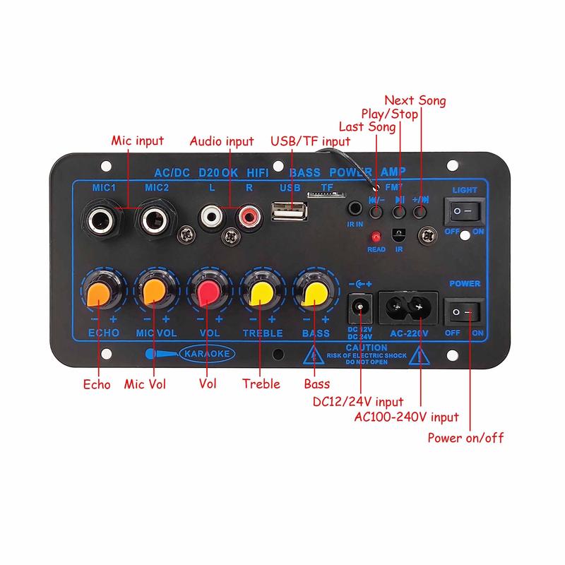 Product Introduction of 220v 12v 24v Digital Bluetooth 5.0 Karaoke Amplifier Board HiFi Stereo Subwoofer Dual Microphone Amplifiers For 8-12 Inch Speaker 44