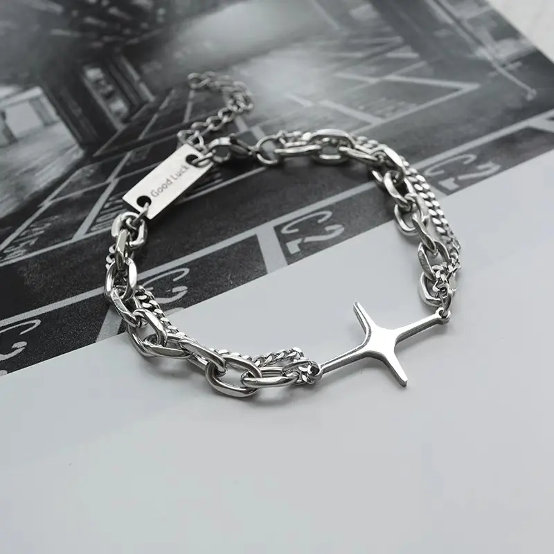 Renna - Bracelet Gelang Tangan Bangle Aesthetic Rantai Double Layer Titanium Silver Desain Starburst Plus Bintang Gaya Punk Hip Hop Retro Vintage Perhiasan Aksesoris fashion Pria Wanita Ko Couple Elegan Perak Plastik Plastik